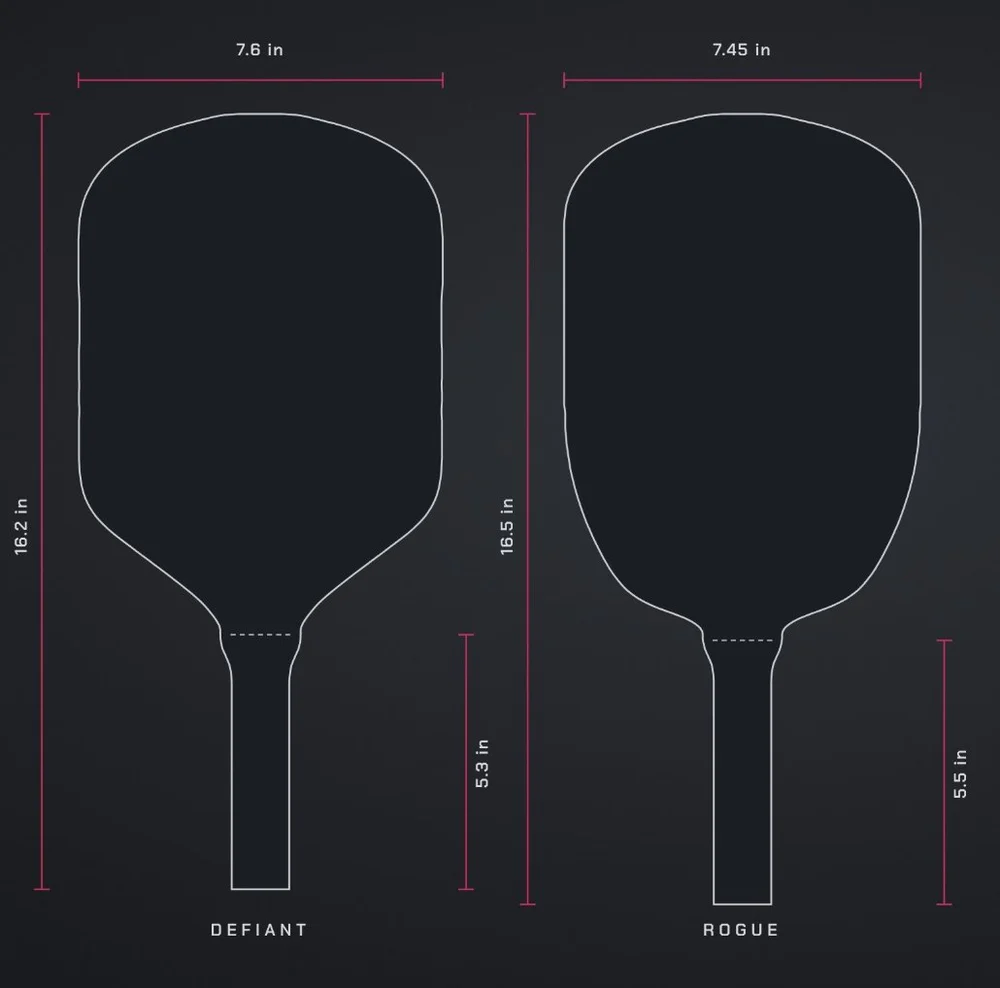 Outline drawings of Defiant and Rogue at the same scale, with length, width and handle dimensions
